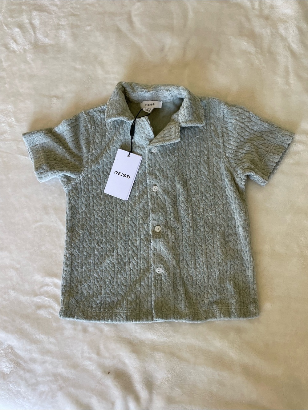 REISS Kids Light Sage Cable Knit Short-Sleeve Button-Down